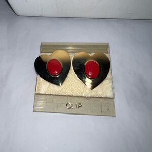 Vintage Deadstock Gold Tone and Red Enamel Heart Clip on Earrings